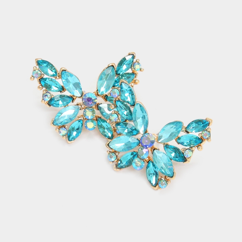 Aqua Blue Marquise Crystal Rhinestone Butterfly Pendant Stud Earrings